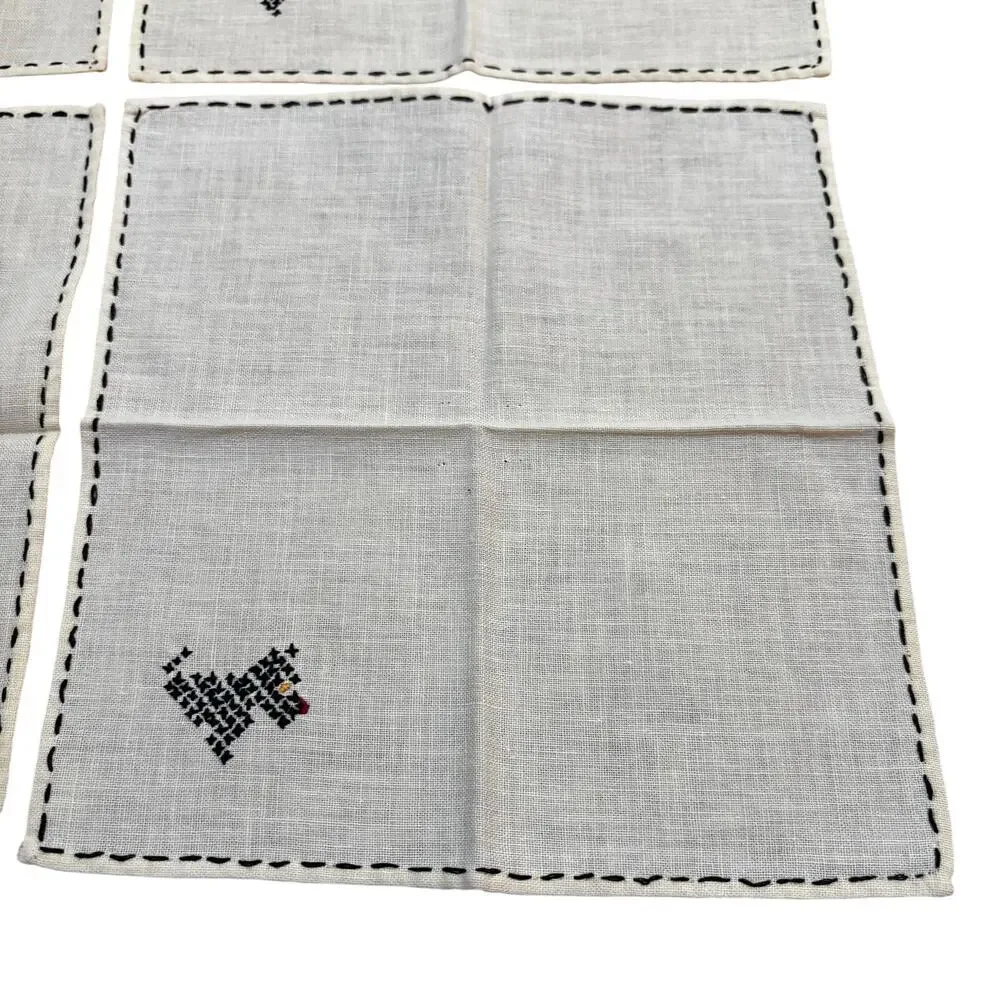 Cocktail napkins (4) YELLOW cotton hand embroidery black Scottish Terriers
